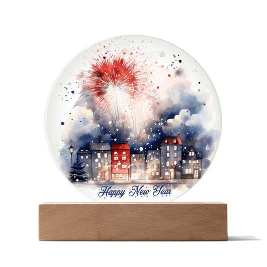 City Lights 2024: Fireworks Celebration in Watercolor - Circular Acrylic Plaque for a Festive New Year!