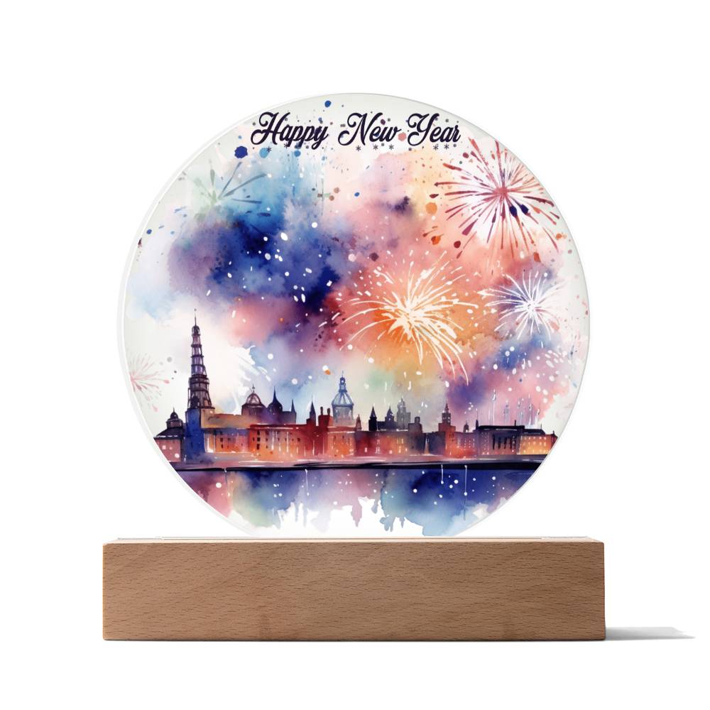 New Year 2024 Celebration: City Skyline Fireworks on Circular Acrylic Plaque - Unique Gift Idea!