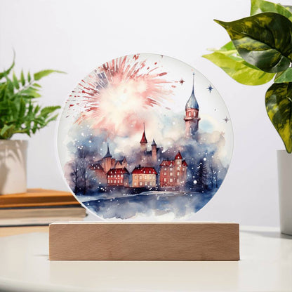 Radiant 2024 Cityscape Fireworks: Hand-Painted Circular Acrylic Plaque - Stunning New Year's Gift!