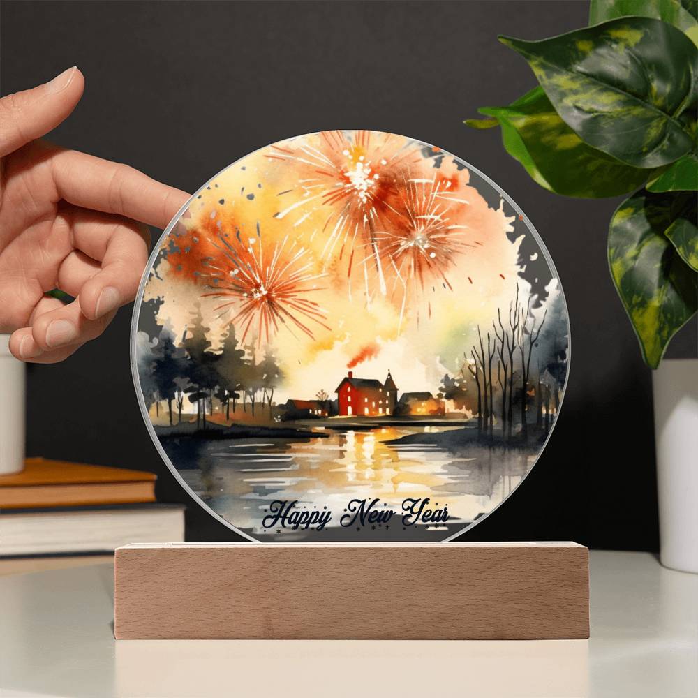 2024 Cityscape Fireworks: Vibrant Watercolor Circular Acrylic Plaque - Perfect New Year's Gift!