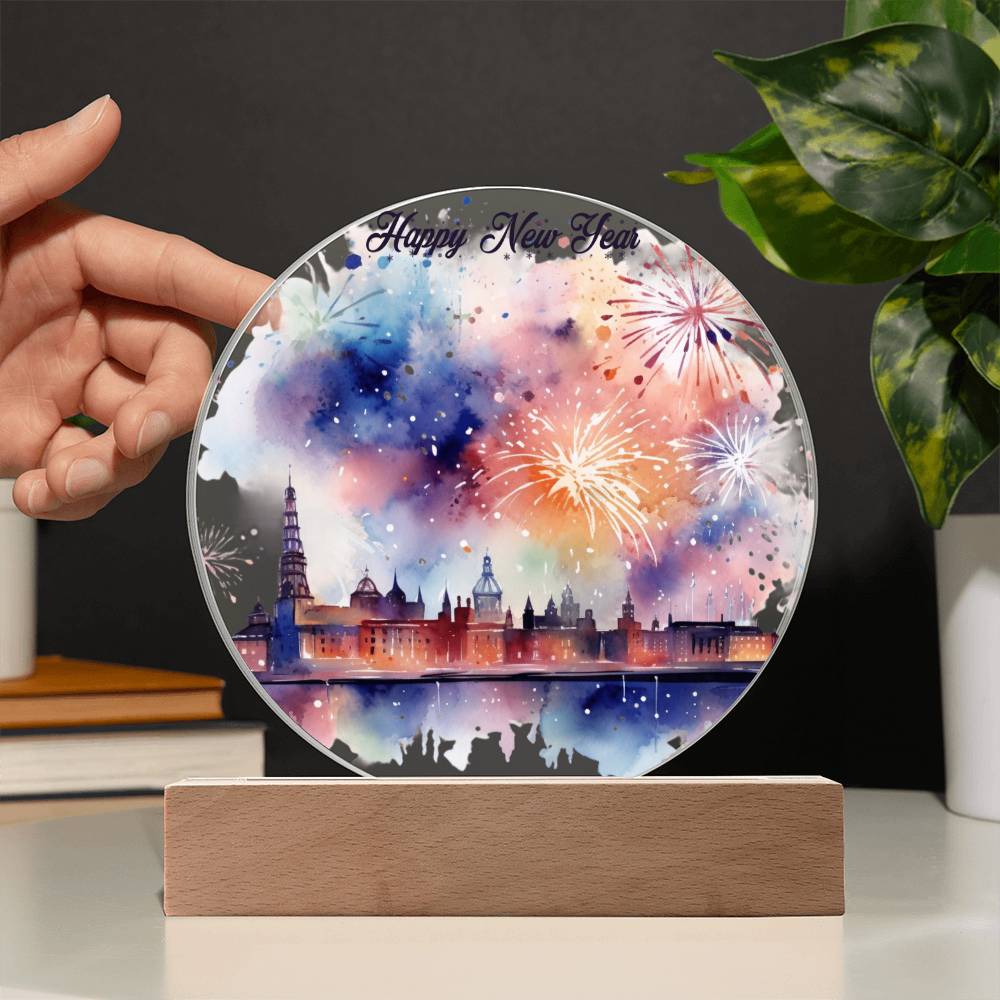 New Year 2024 Celebration: City Skyline Fireworks on Circular Acrylic Plaque - Unique Gift Idea!