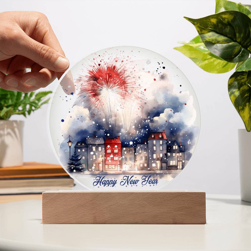 City Lights 2024: Fireworks Celebration in Watercolor - Circular Acrylic Plaque for a Festive New Year!