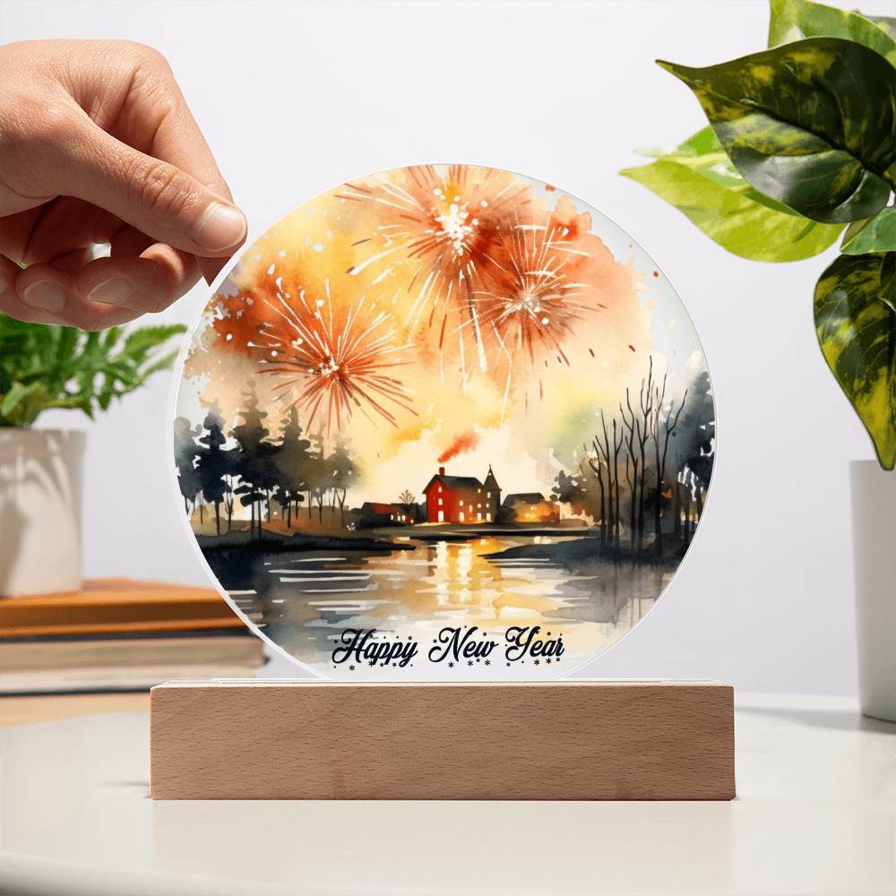 2024 Cityscape Fireworks: Vibrant Watercolor Circular Acrylic Plaque - Perfect New Year's Gift!