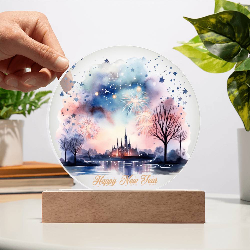 Captivating 2024 City Skyline Fireworks: Handcrafted Watercolor Circular Acrylic Plaque - Unique New Year's Gift!