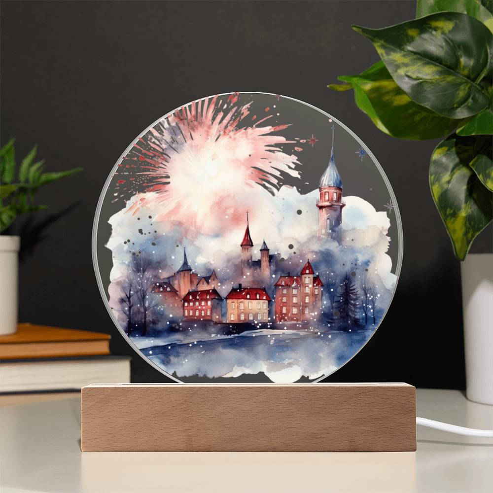 Radiant 2024 Cityscape Fireworks: Hand-Painted Circular Acrylic Plaque - Stunning New Year's Gift!