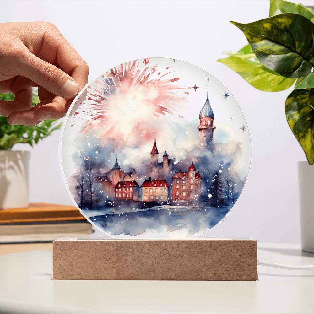 Radiant 2024 Cityscape Fireworks: Hand-Painted Circular Acrylic Plaque - Stunning New Year's Gift!