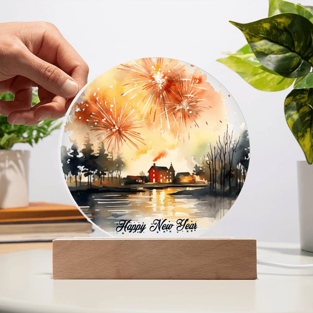 2024 Cityscape Fireworks: Vibrant Watercolor Circular Acrylic Plaque - Perfect New Year's Gift!