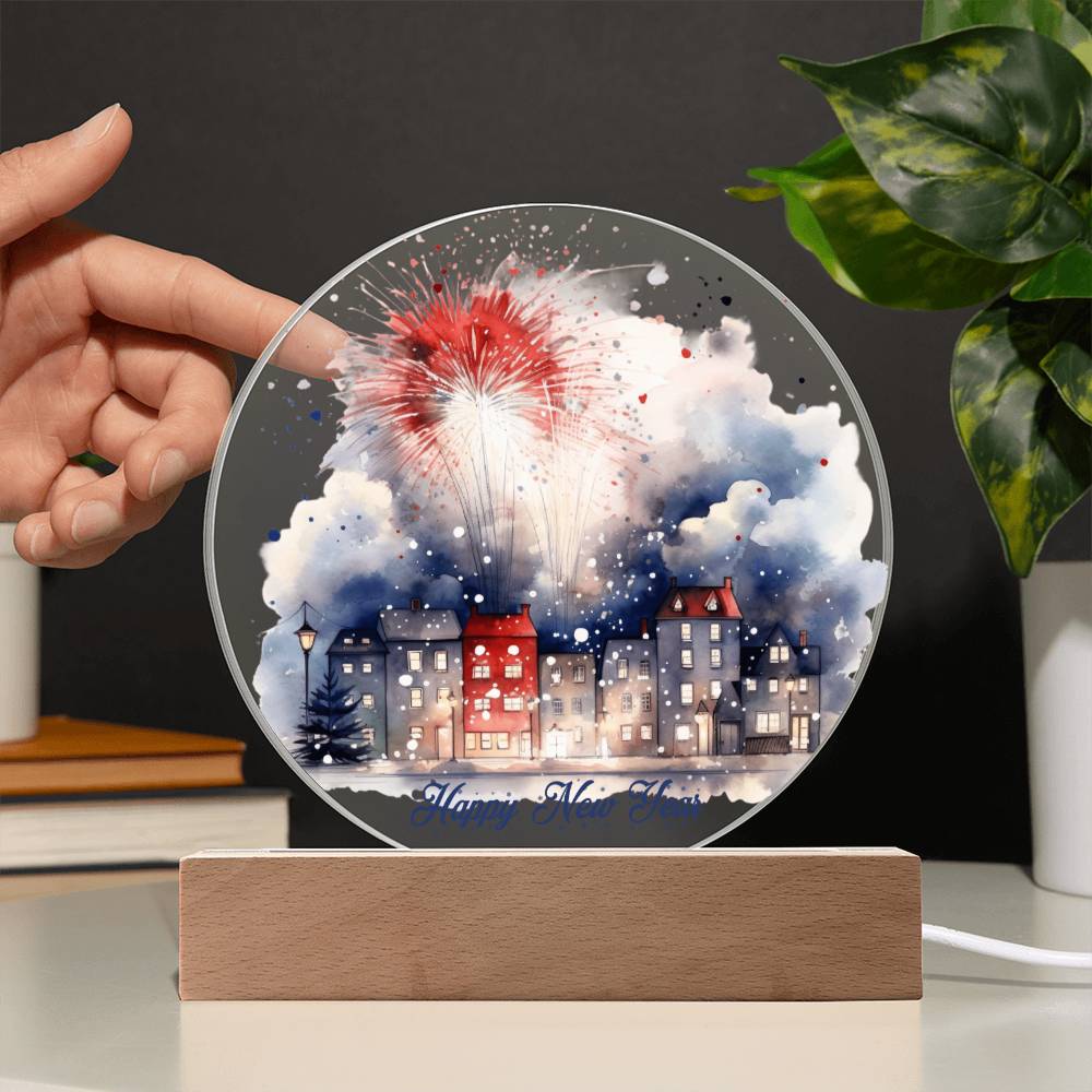 City Lights 2024: Fireworks Celebration in Watercolor - Circular Acrylic Plaque for a Festive New Year!