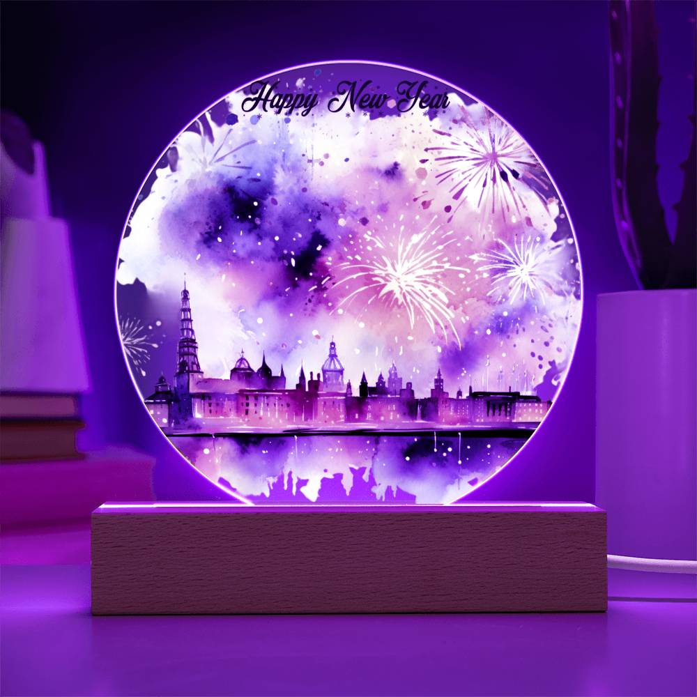 New Year 2024 Celebration: City Skyline Fireworks on Circular Acrylic Plaque - Unique Gift Idea!