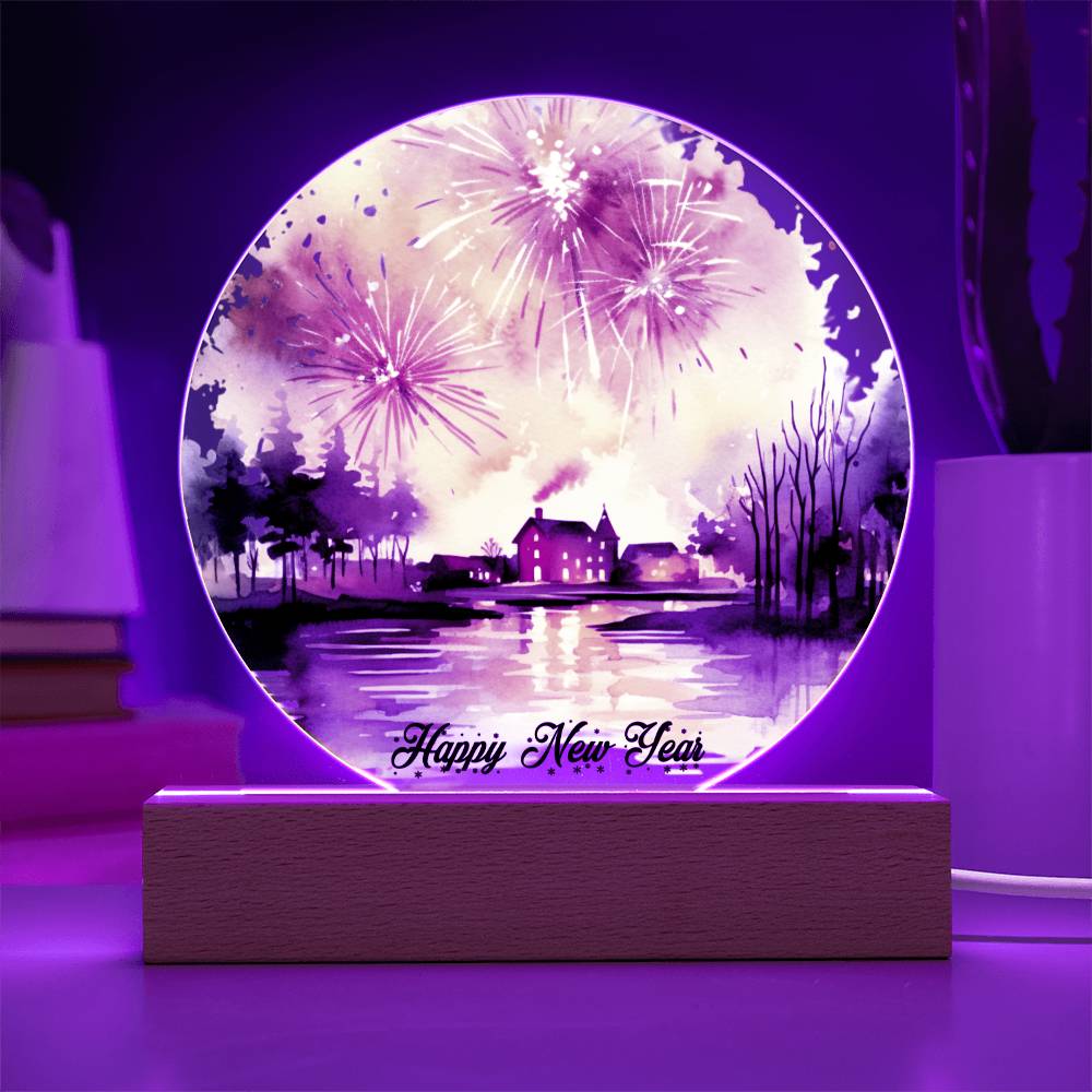 2024 Cityscape Fireworks: Vibrant Watercolor Circular Acrylic Plaque - Perfect New Year's Gift!