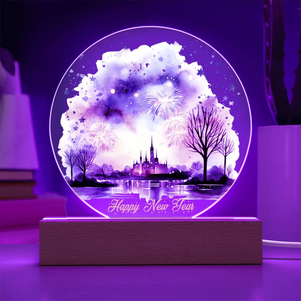 Captivating 2024 City Skyline Fireworks: Handcrafted Watercolor Circular Acrylic Plaque - Unique New Year's Gift!