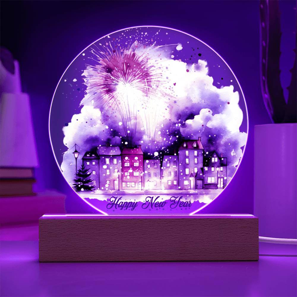 City Lights 2024: Fireworks Celebration in Watercolor - Circular Acrylic Plaque for a Festive New Year!