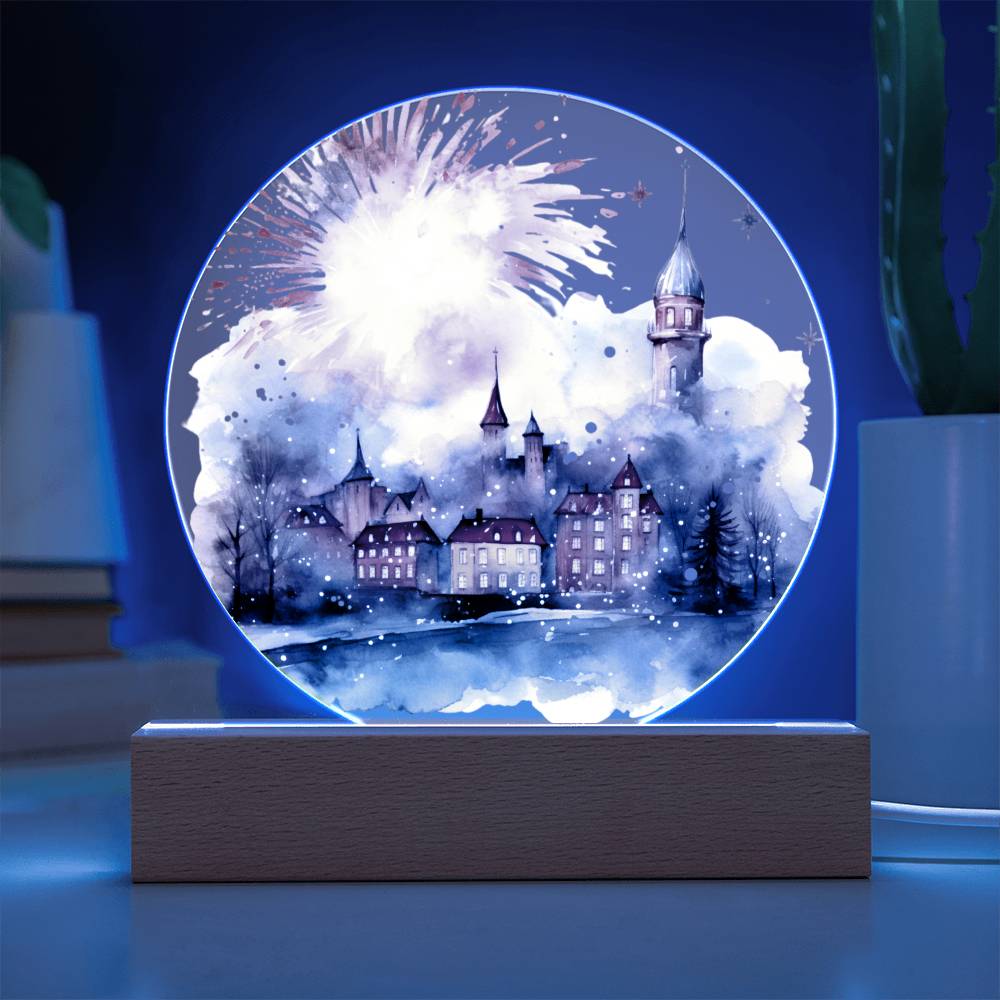 Radiant 2024 Cityscape Fireworks: Hand-Painted Circular Acrylic Plaque - Stunning New Year's Gift!