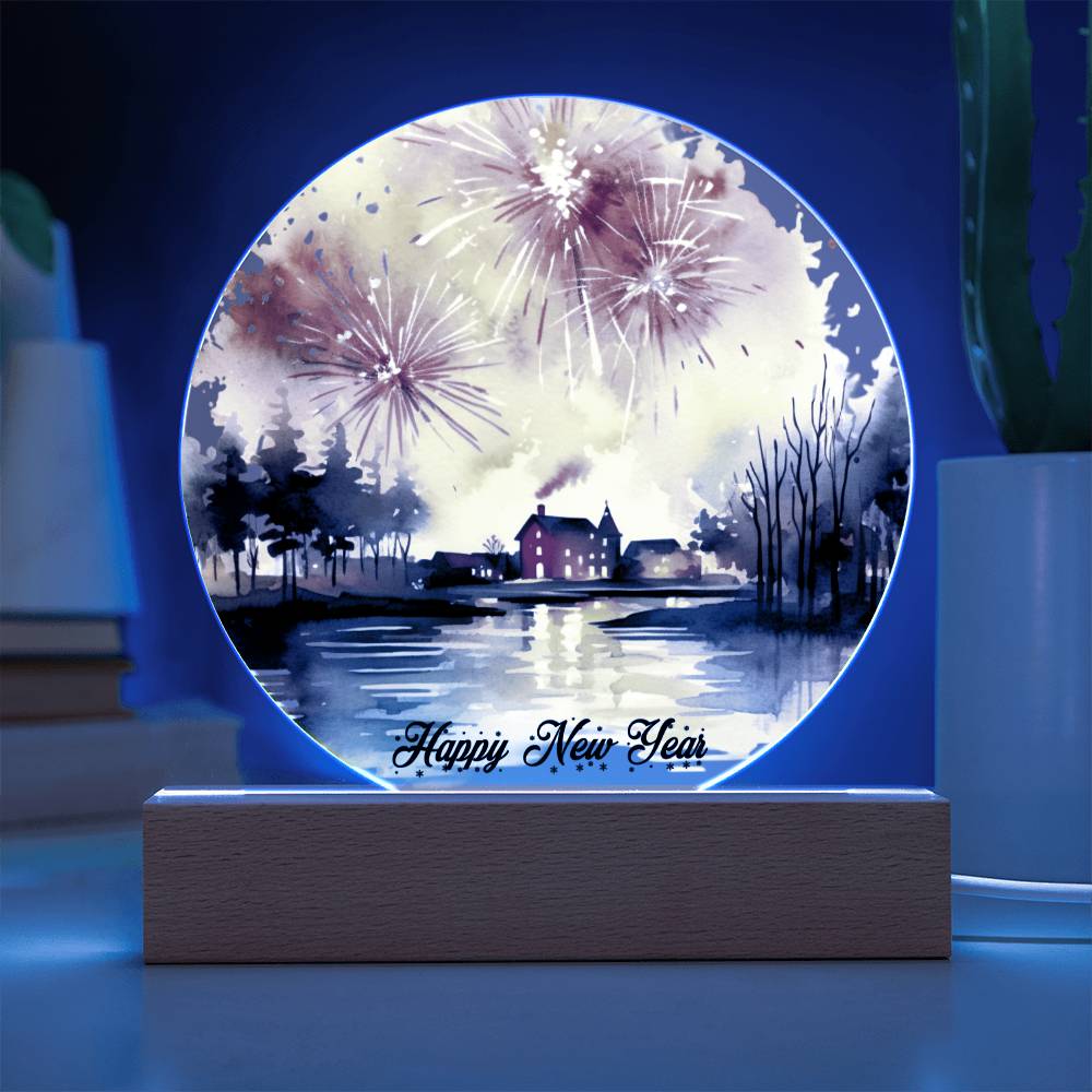 2024 Cityscape Fireworks: Vibrant Watercolor Circular Acrylic Plaque - Perfect New Year's Gift!