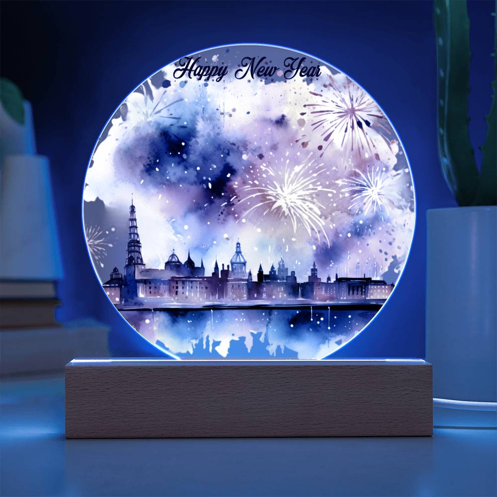 New Year 2024 Celebration: City Skyline Fireworks on Circular Acrylic Plaque - Unique Gift Idea!