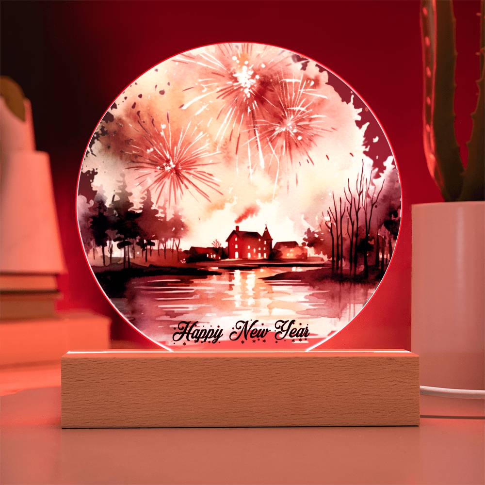 2024 Cityscape Fireworks: Vibrant Watercolor Circular Acrylic Plaque - Perfect New Year's Gift!