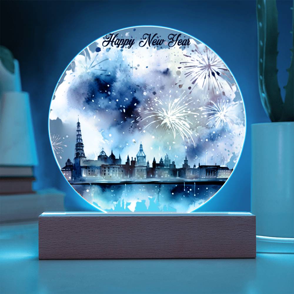 New Year 2024 Celebration: City Skyline Fireworks on Circular Acrylic Plaque - Unique Gift Idea!