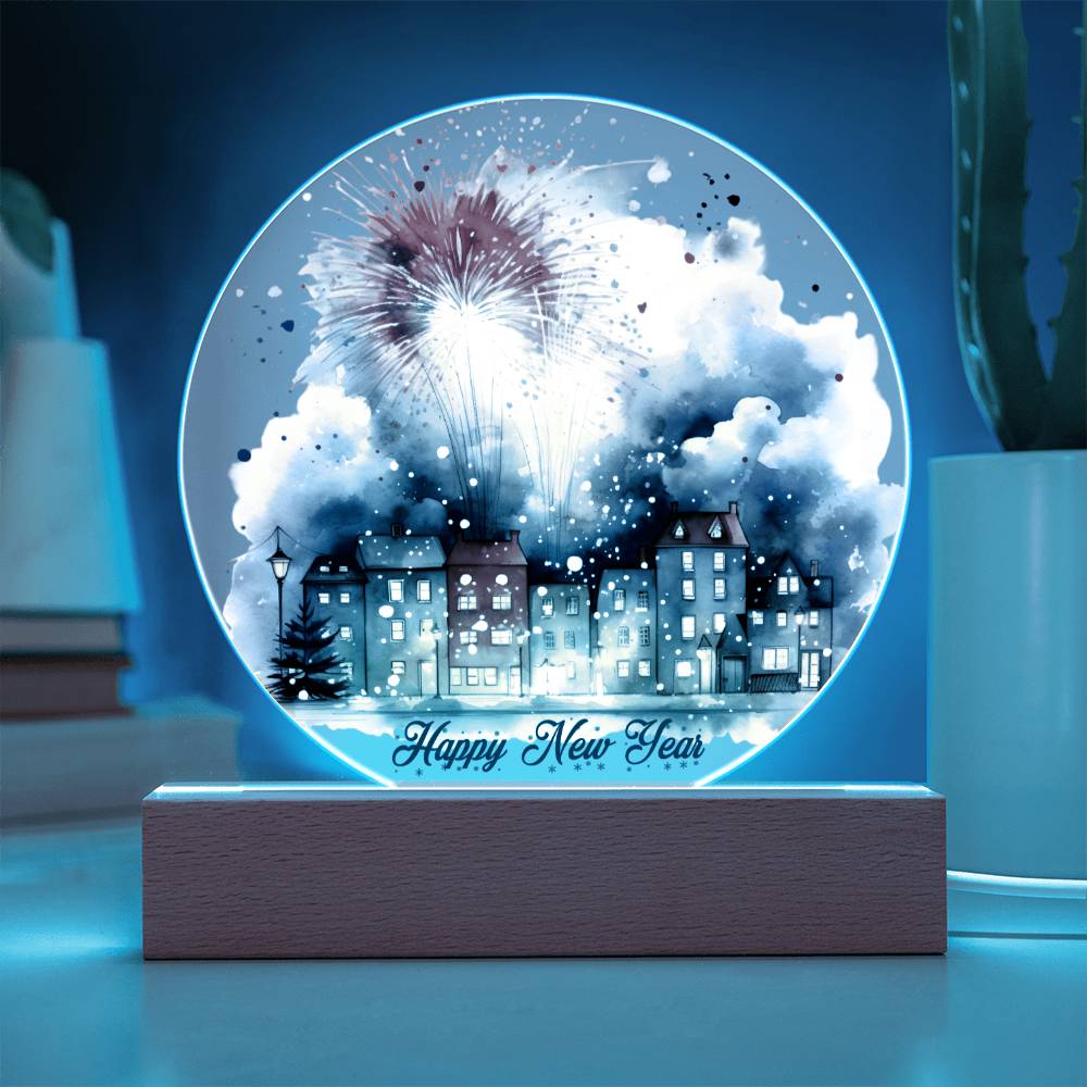 City Lights 2024: Fireworks Celebration in Watercolor - Circular Acrylic Plaque for a Festive New Year!