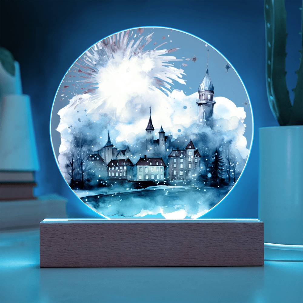 Radiant 2024 Cityscape Fireworks: Hand-Painted Circular Acrylic Plaque - Stunning New Year's Gift!